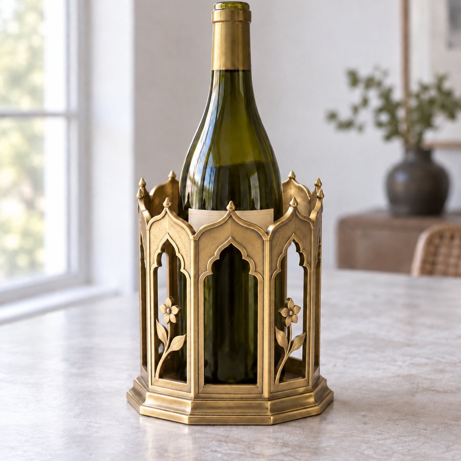 Jali Pavilion Wine Bottle Holder — Brass · Natural brass with softly darkened cutwork