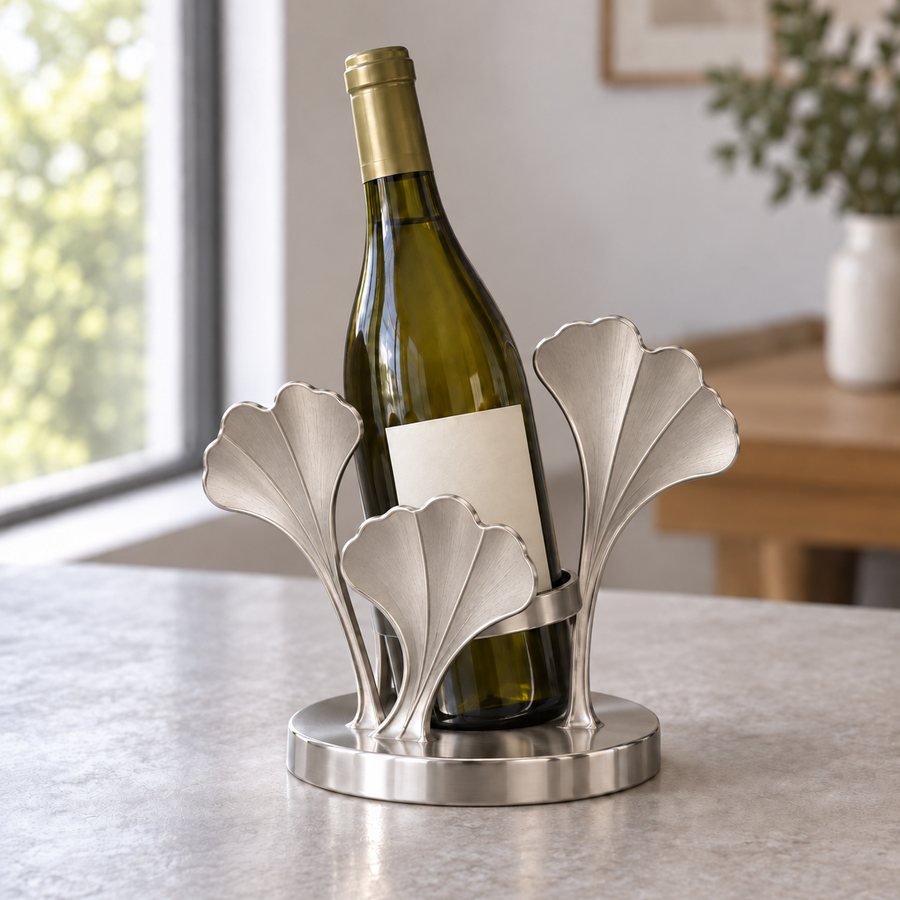 Ginkgo Fan Wine Bottle Holder — Stainless Steel 304 · Soft brushed silver with polished leaf edges