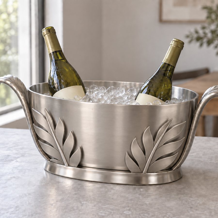 Palm Crown Ice Bucket — Stainless Steel 304 · Brushed silver leaves with polished vein lines
