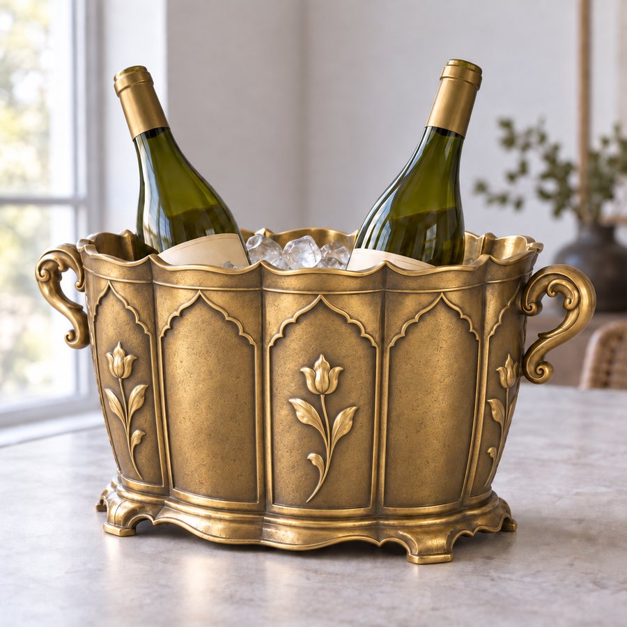 Mughal Garden Ice Bucket — Brass · Soft antique brass with hand buffed relief