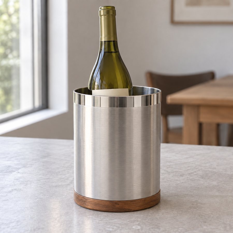 Collar Bottle Chiller — Stainless Steel 304 · Brushed silver with natural wood