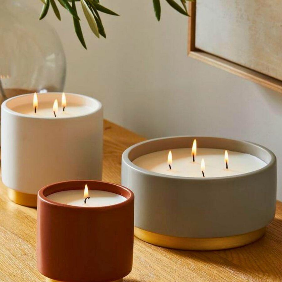 Three-Wick Bowl & Vessel Set — Matte ceramic · metallic base band · 3-wick