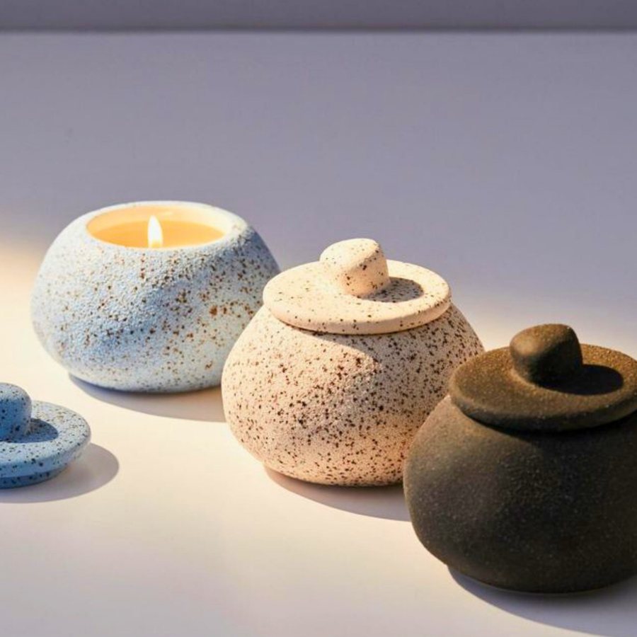 Speckled Lidded Candle Jar — Speckled stoneware · reactive glaze · with lid
