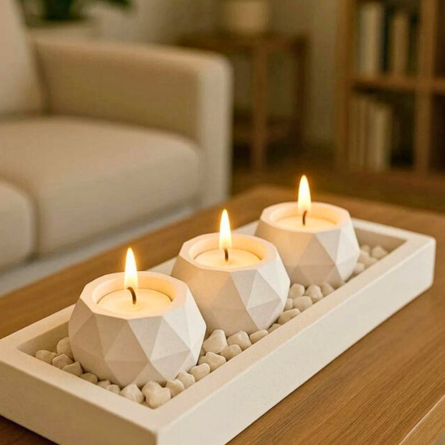 Faceted Tealight Trio with Tray — Cast stone · geometric facets · tray included