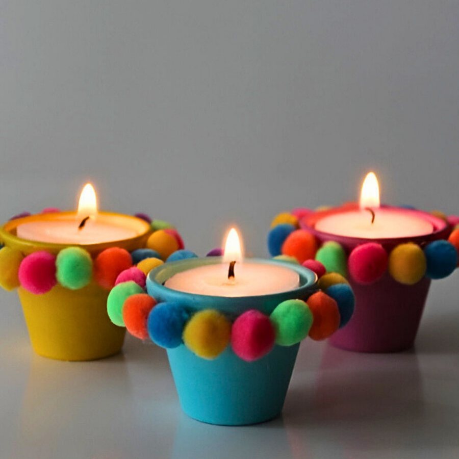 Pom-Pom Festive Tealight — Terracotta · hand-painted · cotton pom trim