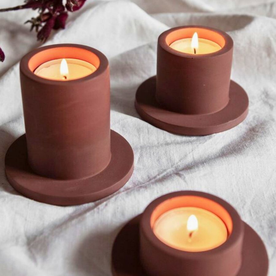Tealight Holder with Saucer — Terracotta · matte plum wash · saucer base