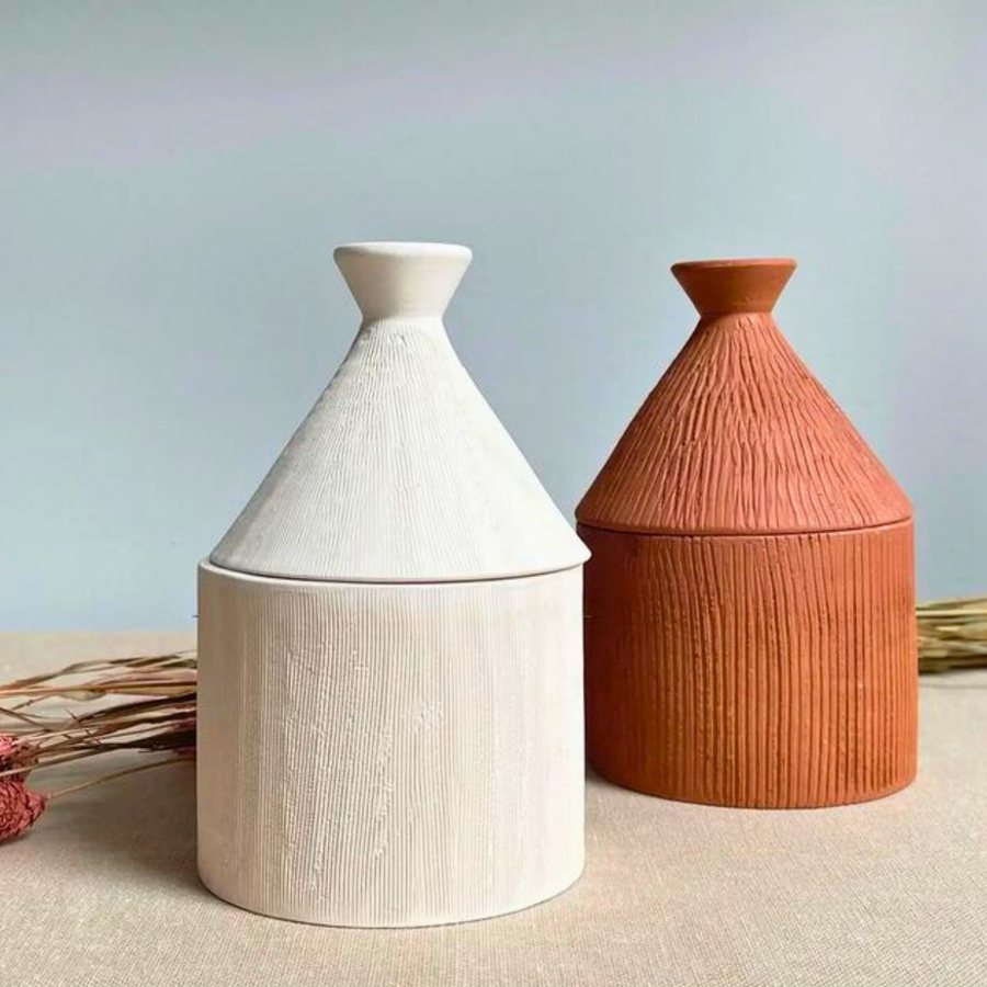 Ribbed Cone-Lid Candle Jar — Ceramic · ribbed body · conical lid