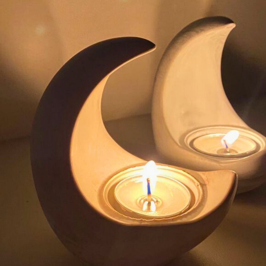 Crescent Moon Tealight Holder — Cast stone · twin-tone crescent · tealight