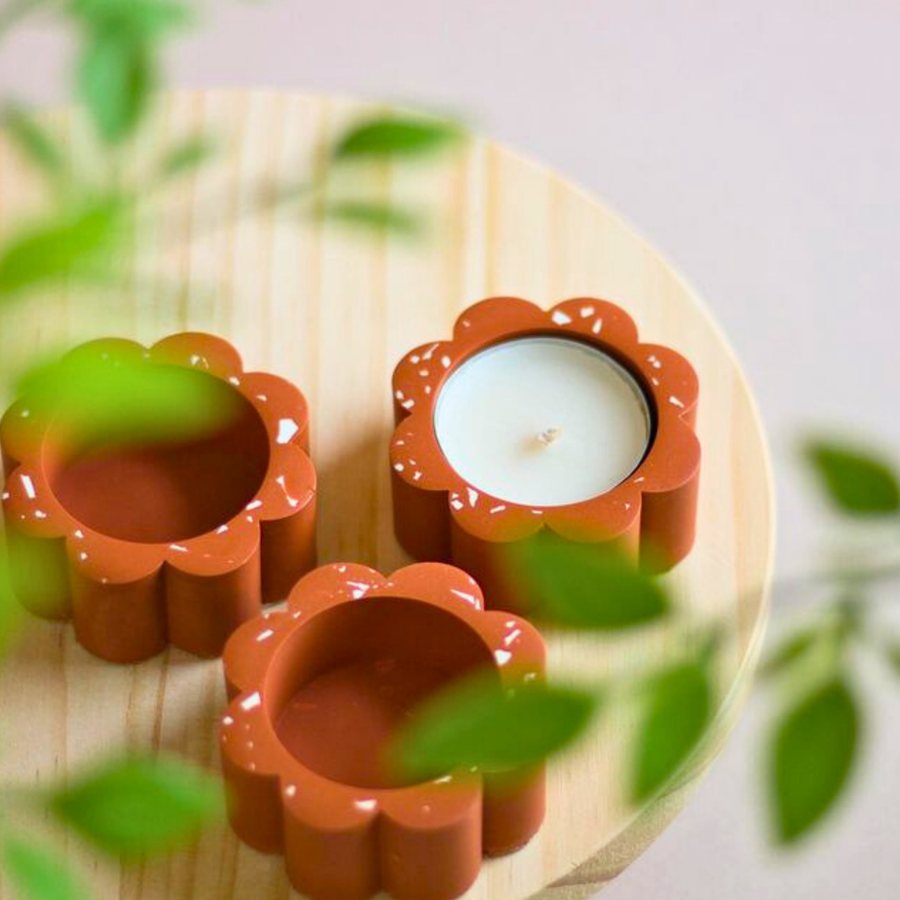 Scalloped Flower Tealight — Terracotta · scalloped petal rim · tealight