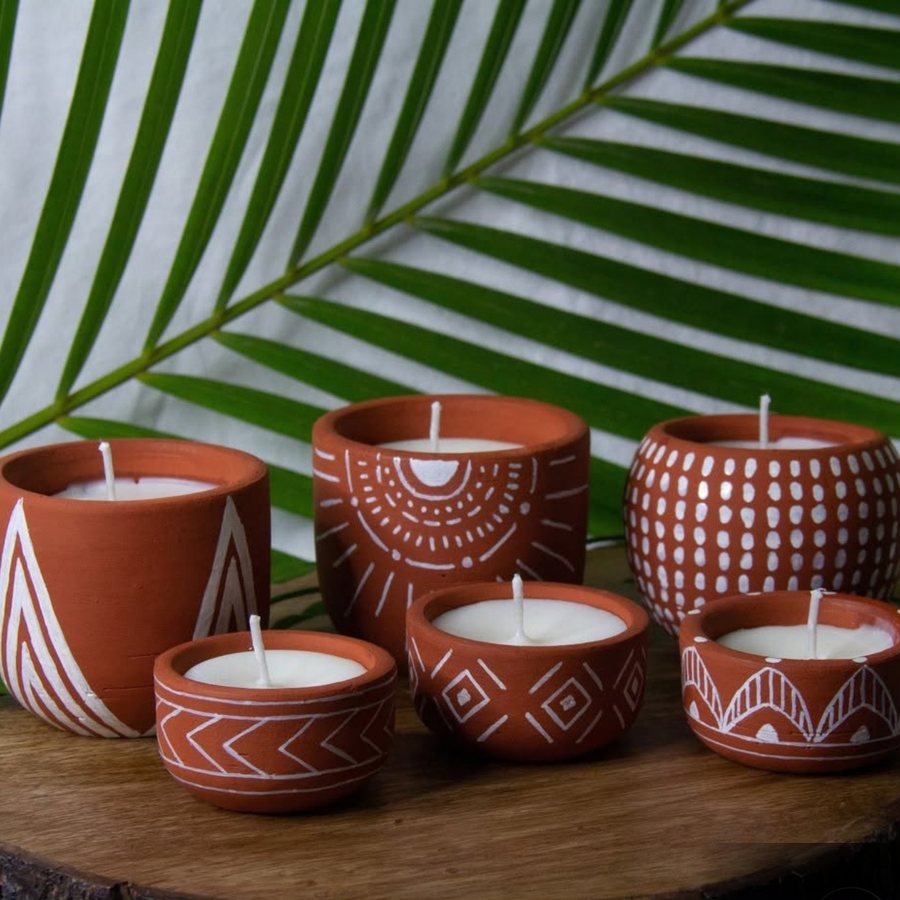 Tribal Painted Tealight — Terracotta · hand-painted tribal motif