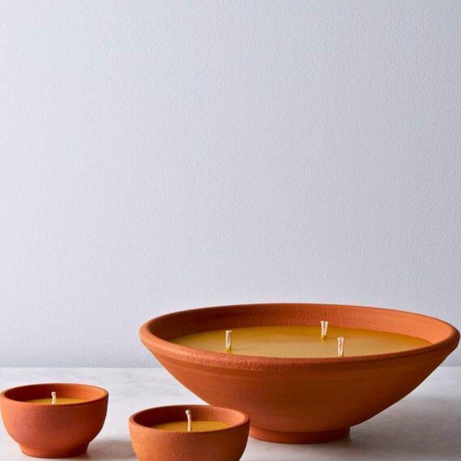 Shallow Three-Wick Bowl — Terracotta · low bowl form · 3-wick + minis