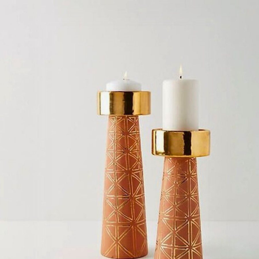 Geometric Pillar Stand, Brass Collar — Terracotta · etched geometry · brass collar