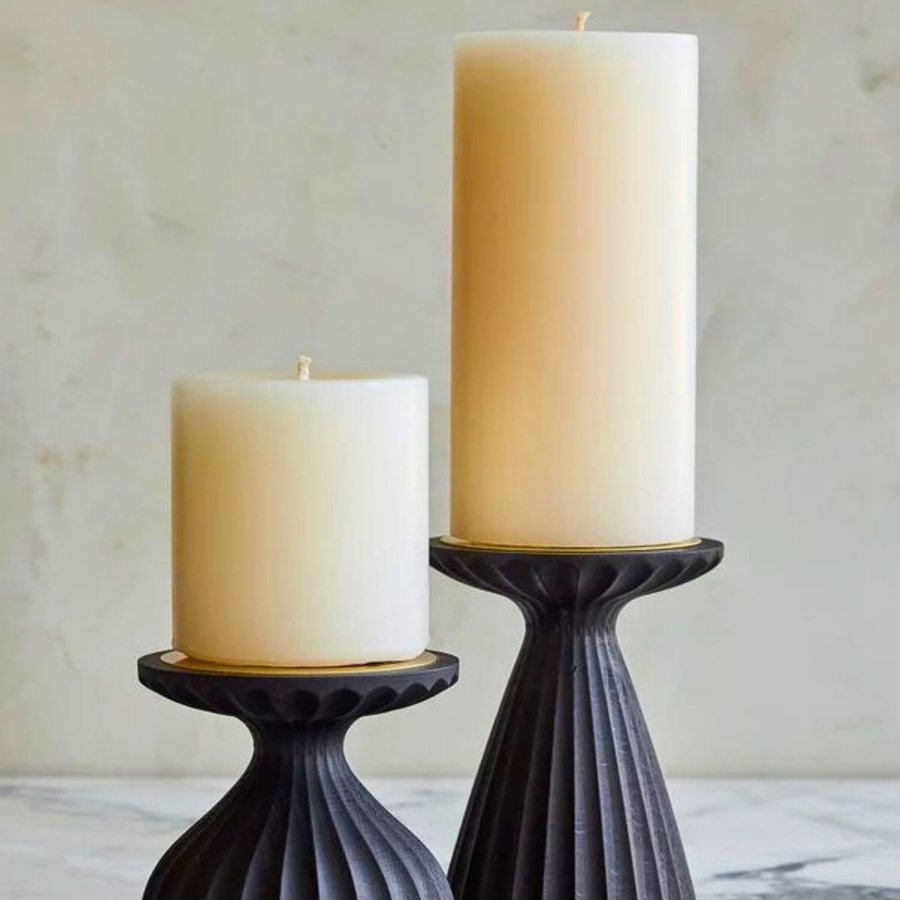 Fluted Pillar Candle Stand — Cast stone · fluted column · matte black