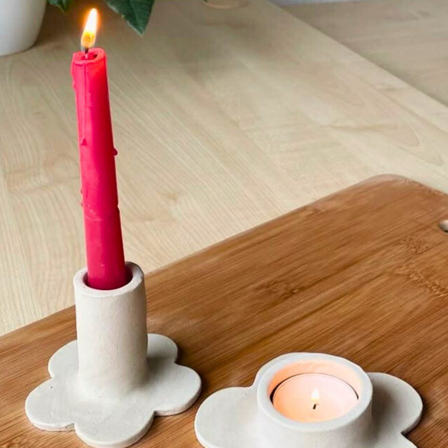Daisy Taper & Tealight Holder — Cast stone · scalloped daisy plate · pair
