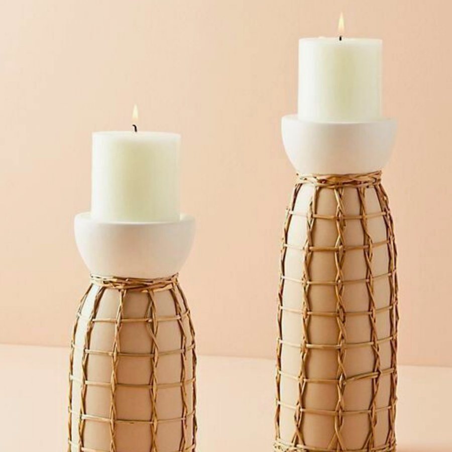Cane-Wrapped Pillar Stand — Metal core · hand-woven cane · brass finish