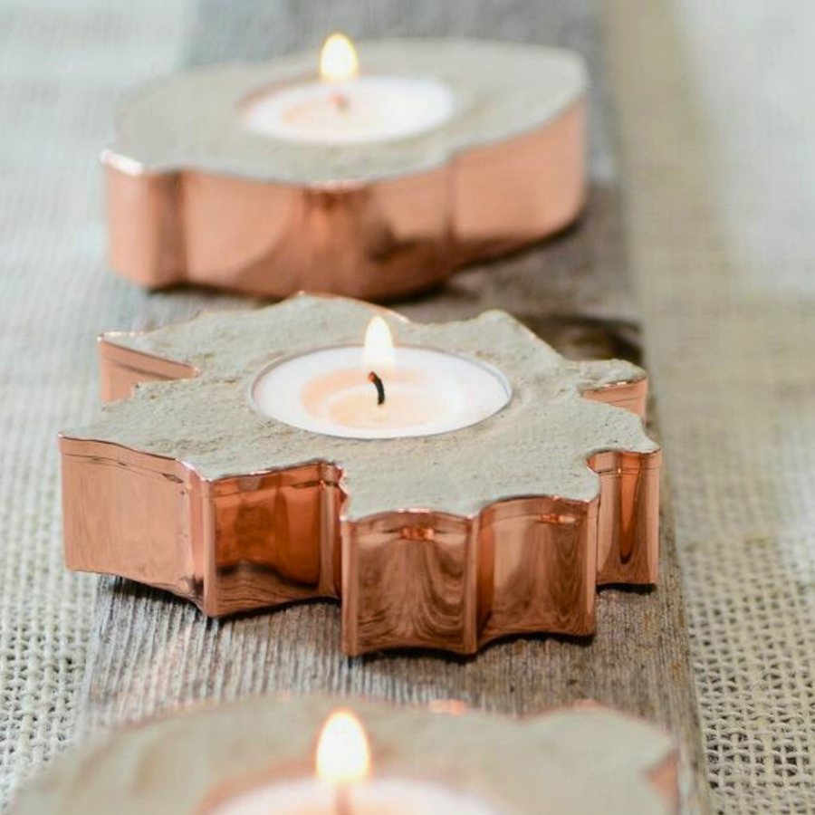 Copper-Dipped Flower Tealight — Cast stone · copper-dipped petals · tealight