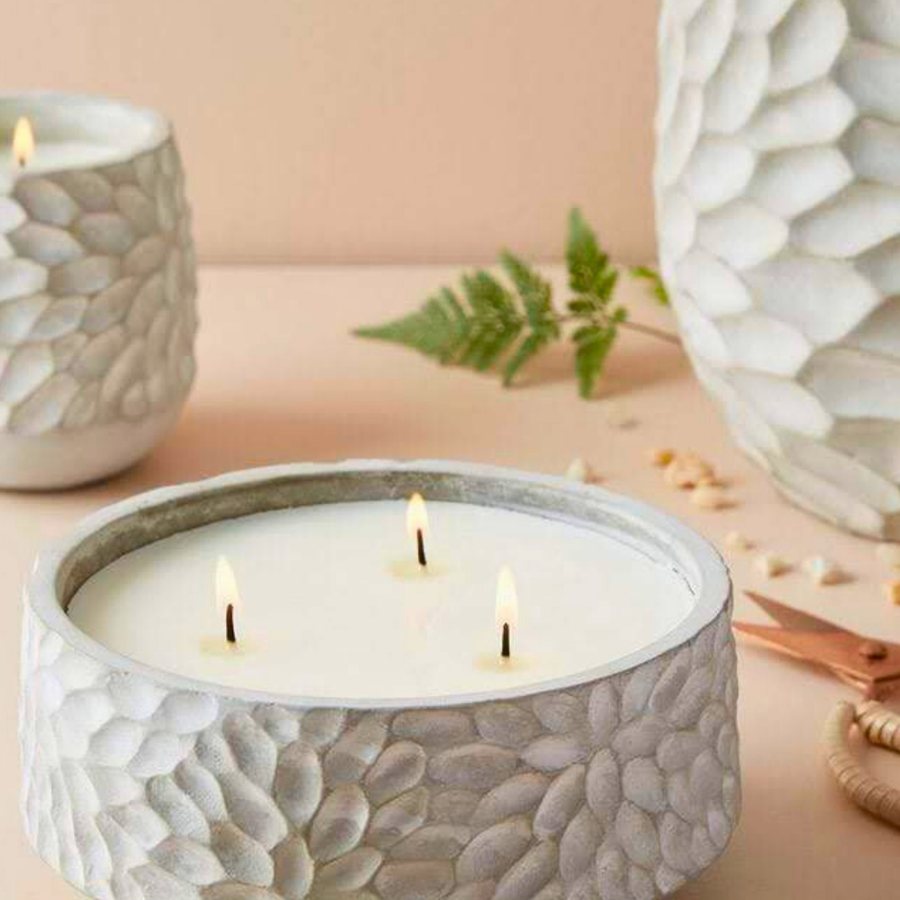 Petal-Carved Three-Wick Bowl — Ceramic · hand-carved petal relief · 3-wick