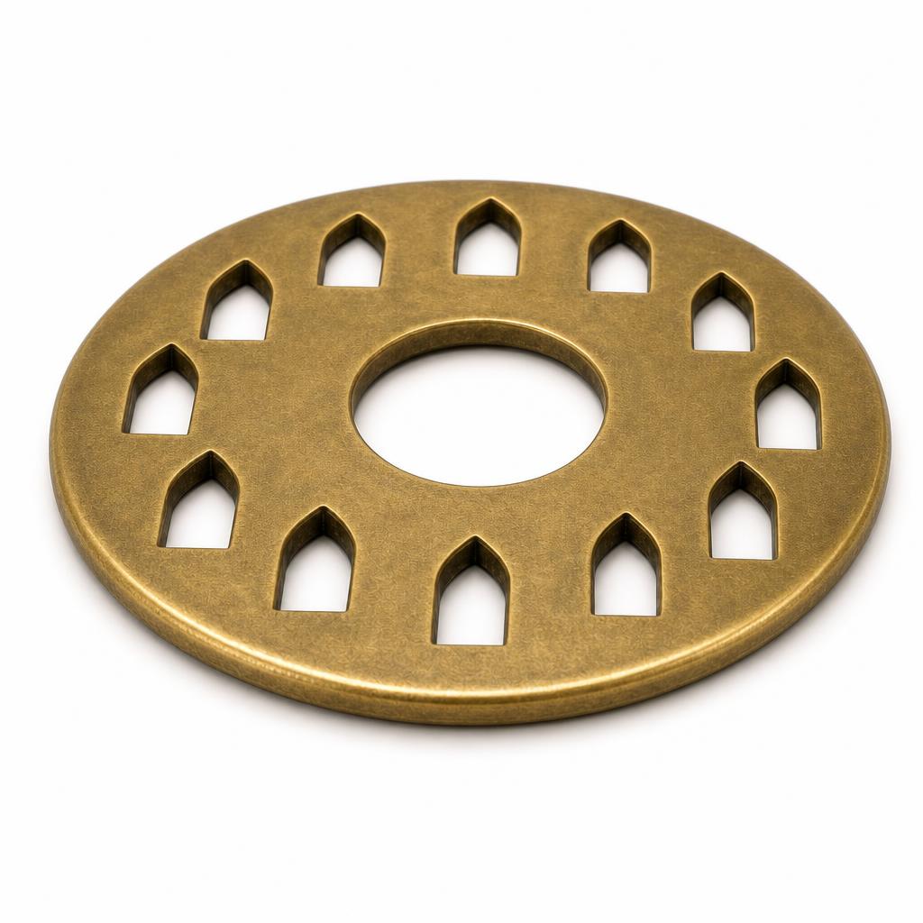 Arch Bobeche 80 - hand-pierced solid brass candle drip ring — angle view