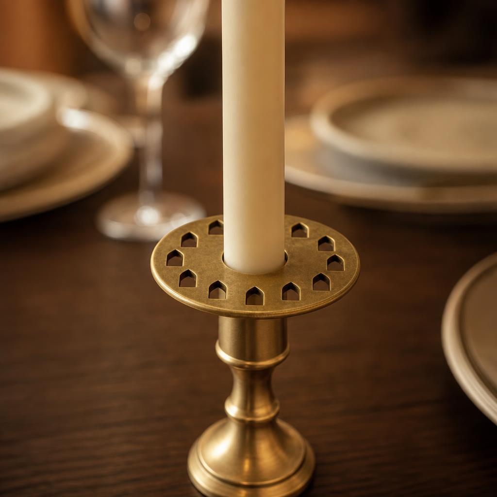 Arch Bobeche 80 - hand-pierced solid brass candle drip ring — lifestyle view
