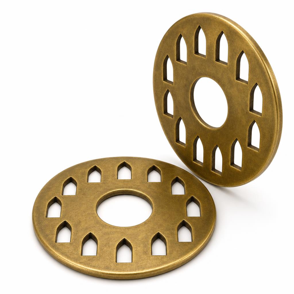 Arch Bobeche 80 — Solid Brass · antique brass tone on solid brass · 8.0 dia x 1.2 (H)