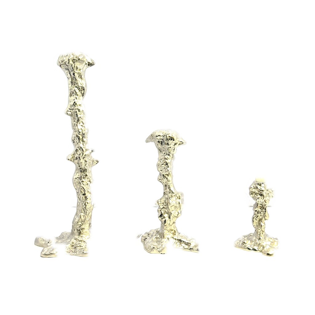 Molten Taper 40 - cast aluminium dripped-metal taper candlestick — three heights view
