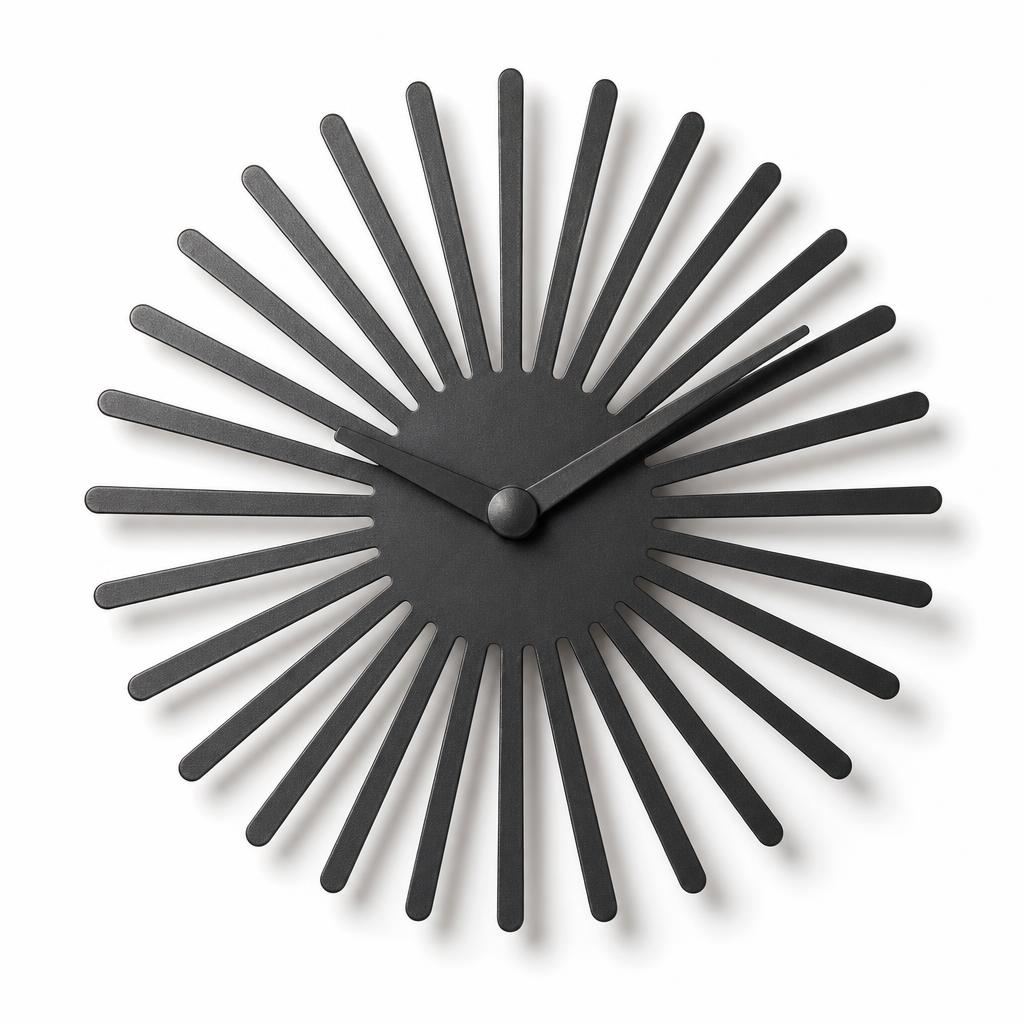 Pierced Iron Sunburst Clock 30 — Iron · oxidised black on iron · 30 dia x 4.5 (D over movement)