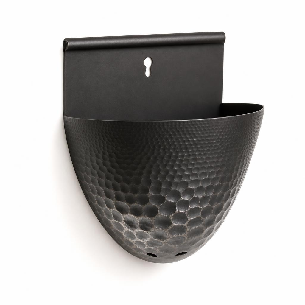 Dune Half Round Wall Planter 18cm — Iron · Oxidised black · 18 W x 16 H back plate x 9 D projection. Pocket 18 rim dia to 12 base over 15 drop