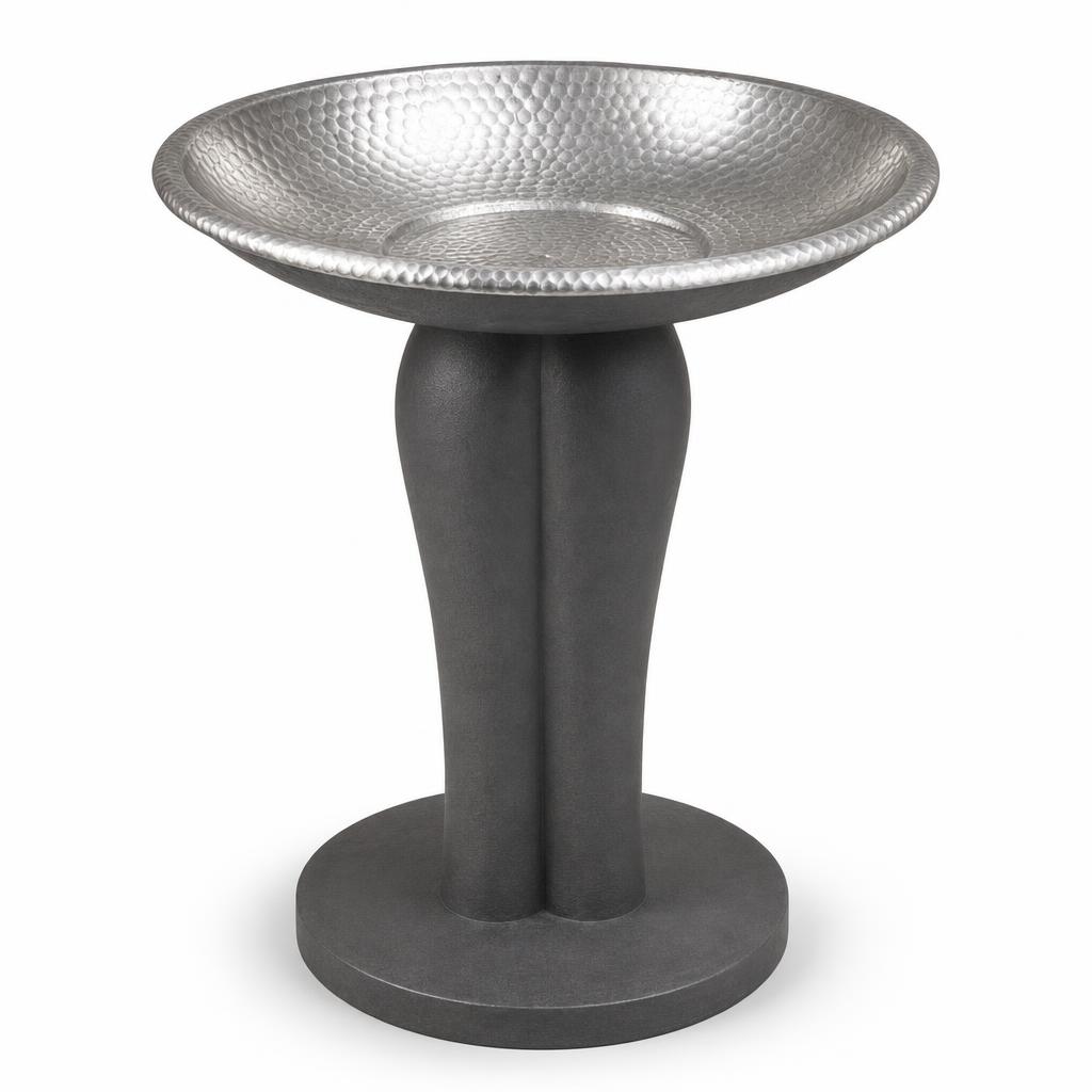 Dune Bird Bath 40cm on Cast Pedestal — Aluminium · Exterior matt anthracite powder coat · 40 bowl dia x 63 H assembled. Pedestal 55 H on a 26 dia base disc. Bowl 8 deep