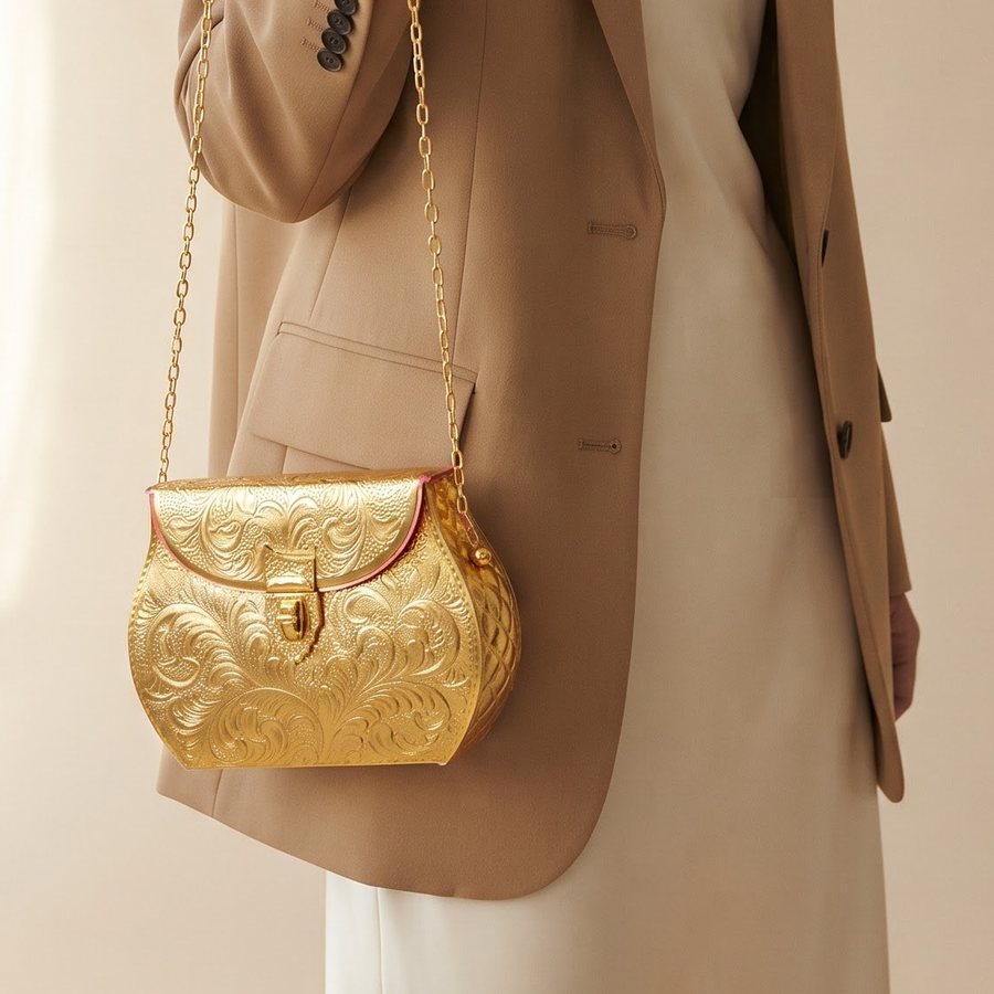 The Golden Vine Handbag — Hand-worked metal · polished gold-tone · red lining