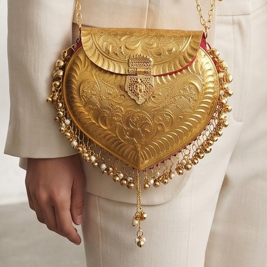The Paisley Handbag — Hand-worked metal · polished gold-tone · red lining