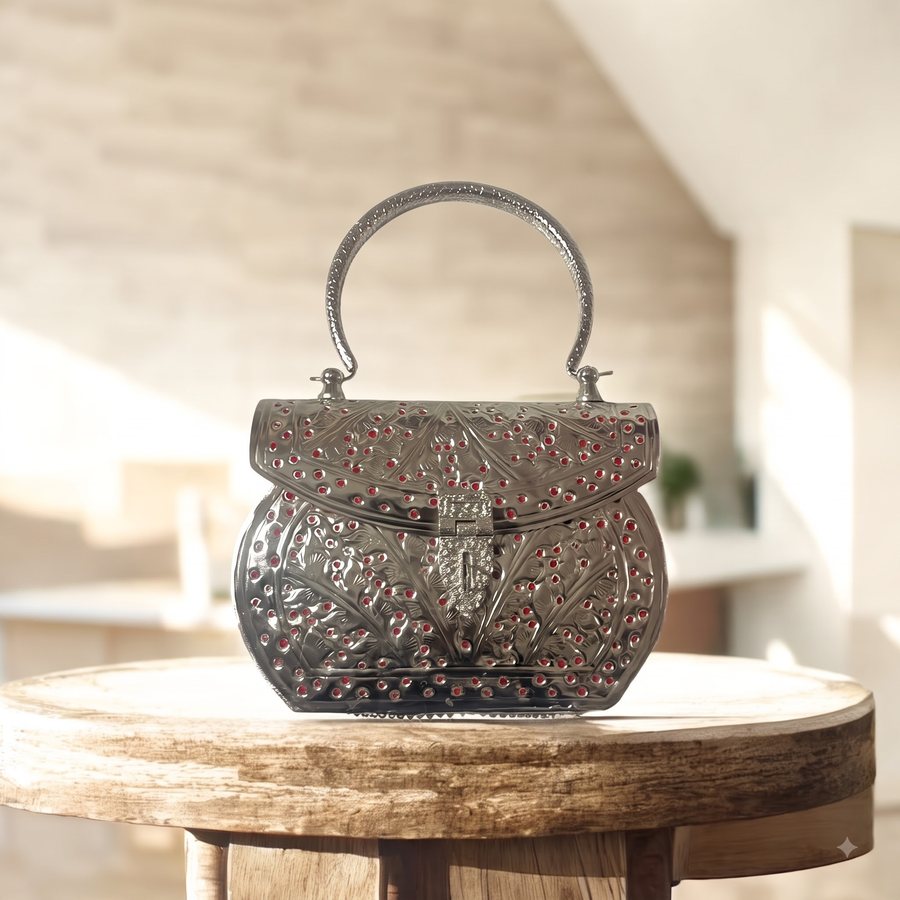 The Ruby Vine Handbag — Hand-engraved metal · polished silver-tone · 400 g