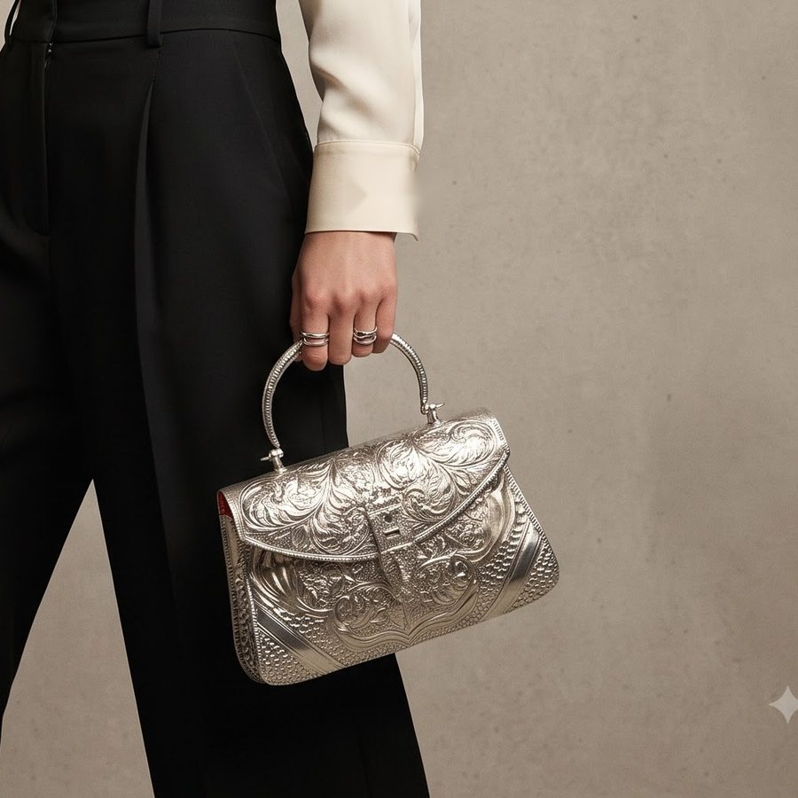 The Silver Scroll Handbag — Hand-engraved metal · polished silver-tone · red velvet lining · 400 g