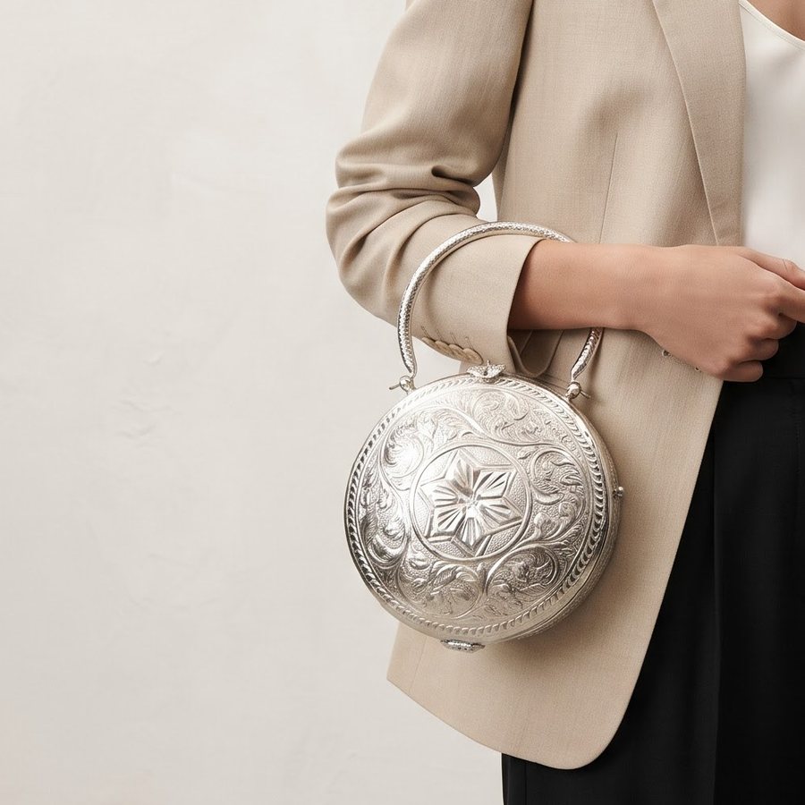 The Medallion Handbag — Hand-engraved metal · polished silver-tone