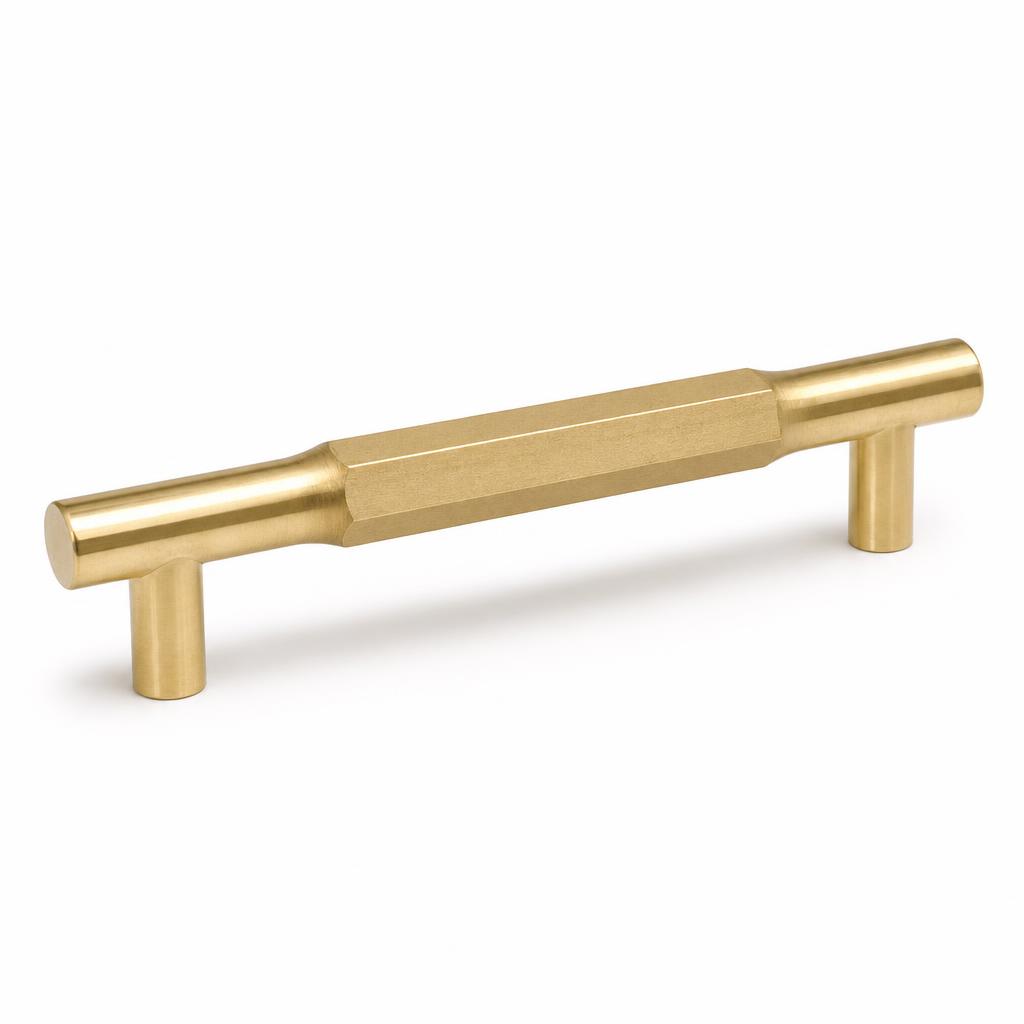 Faceted Solid Brass Bar Pull 128mm — Solid Brass · unlacquered living brass · 15.2 L x 1.4 across flats x 3.2 projection