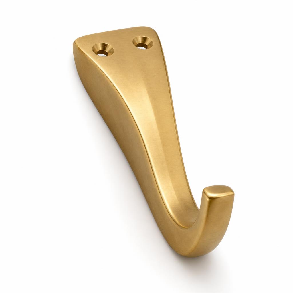 Oversized Solid Brass Entry Coat Hook 12cm — Solid Brass · unlacquered living brass · 12.0 H x 4.5 W at wall tapering to 2.6 W at tip x 7.0 projection