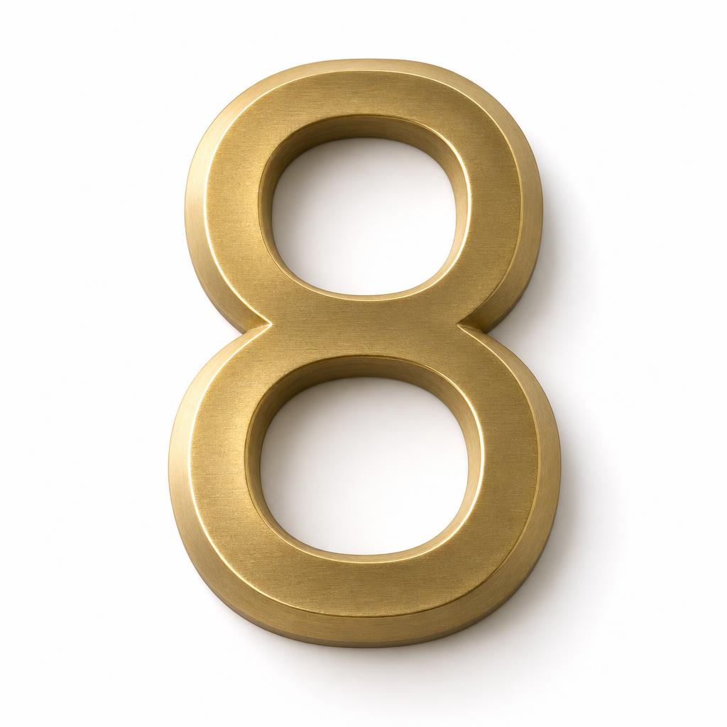 Solid Brass House Numeral 10cm - digits 0 2 3 4 5 6 8 and 9 — Solid Brass · unlacquered living brass · 10.0 H x 6.0 W max x 0.6 D