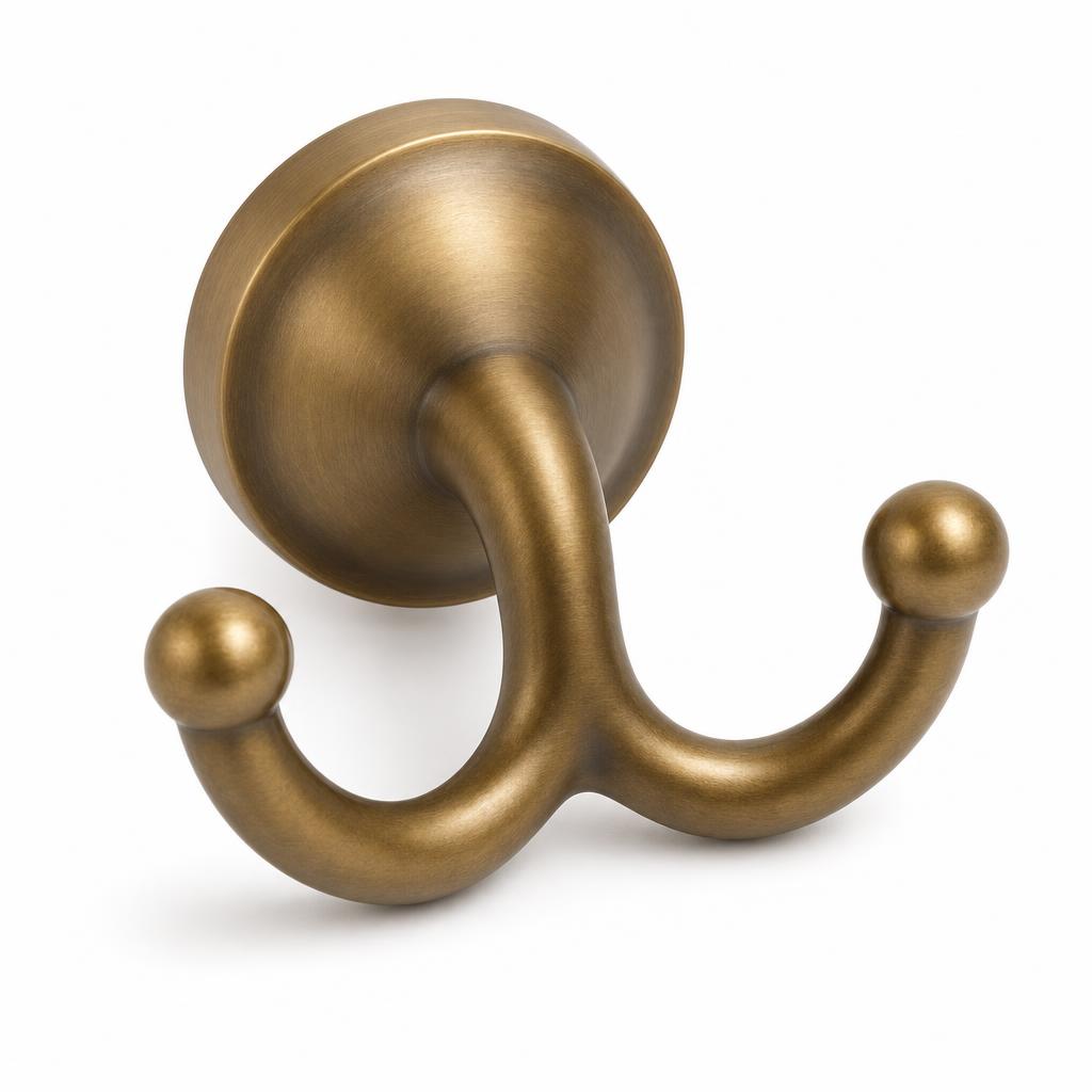 Antique Brass Double Robe Hook, Bath — Solid Brass · antique brass on solid brass · 8.4 W x 4.6 boss dia x 5.2 projection