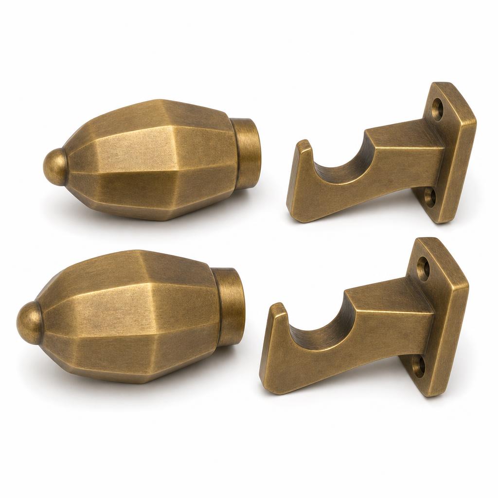 Faceted Solid Brass Curtain Rod End Set — Finials and Brackets for 25mm Rod — Solid Brass · antique brass on solid brass · finial 5.0 L x 3.4 dia each