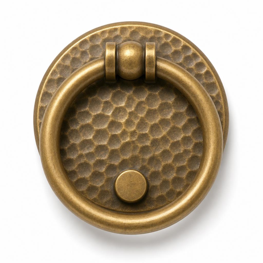 Antique Brass Ring Door Knocker on Hammered Disc — Solid Brass · antique brass on solid brass · 15.0 H assembled x 11.0 ring dia x 9.0 disc dia x 3.5 projection