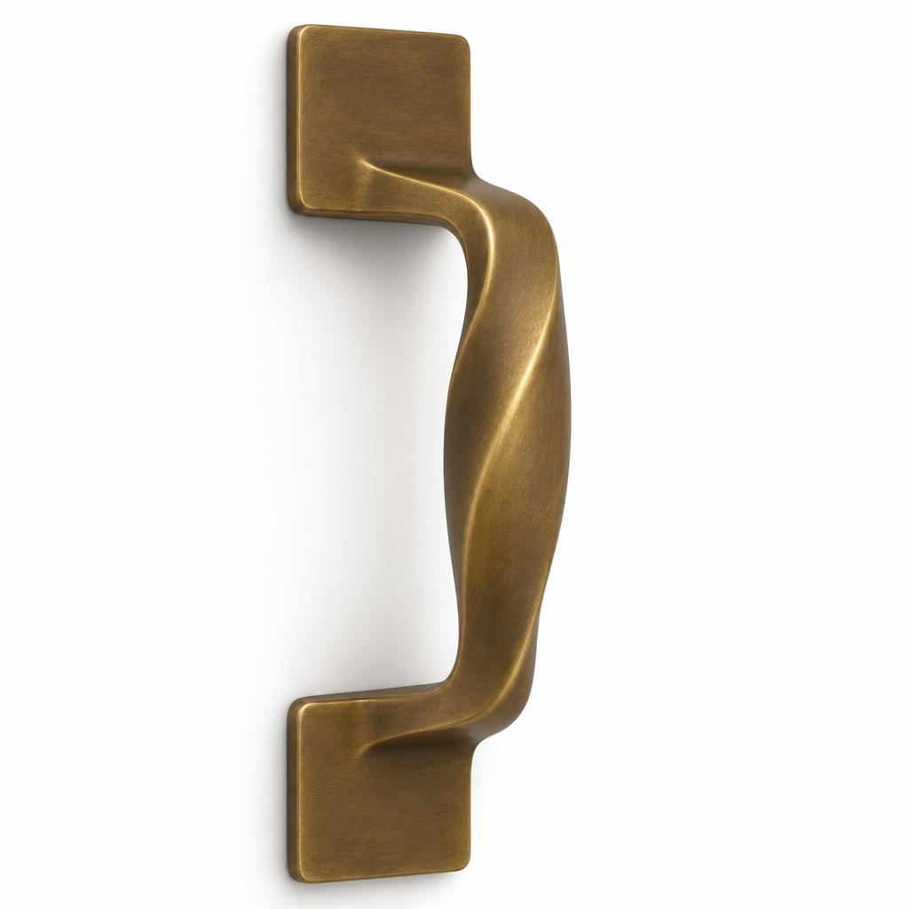 Antique Brass Twisted-Plane Entry Door Pull 25cm — Solid Brass · antique brass on solid brass · 25.0 L x 4.0 W x 6.5 projection