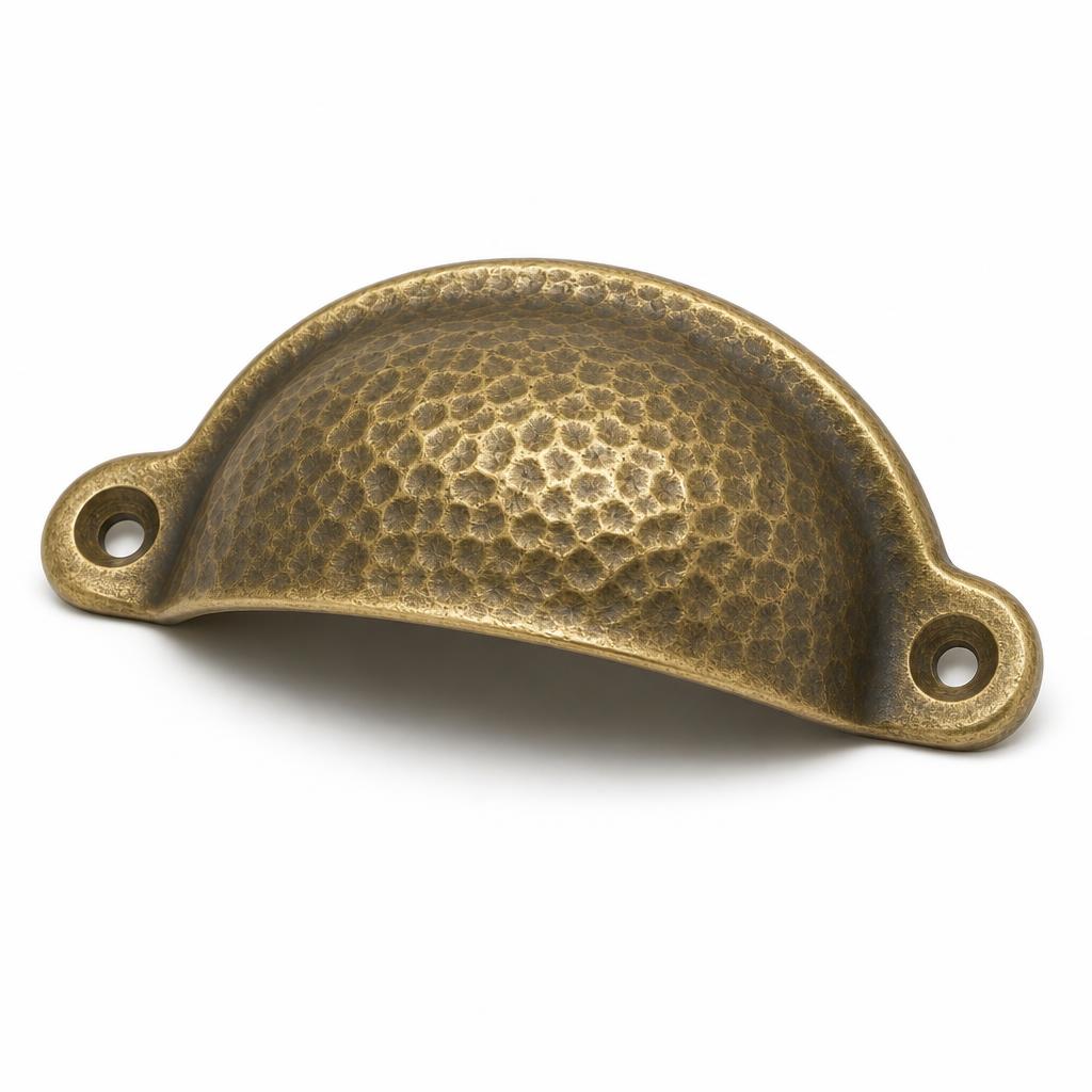 Hammered Solid Brass Cup Pull 76mm — angle view