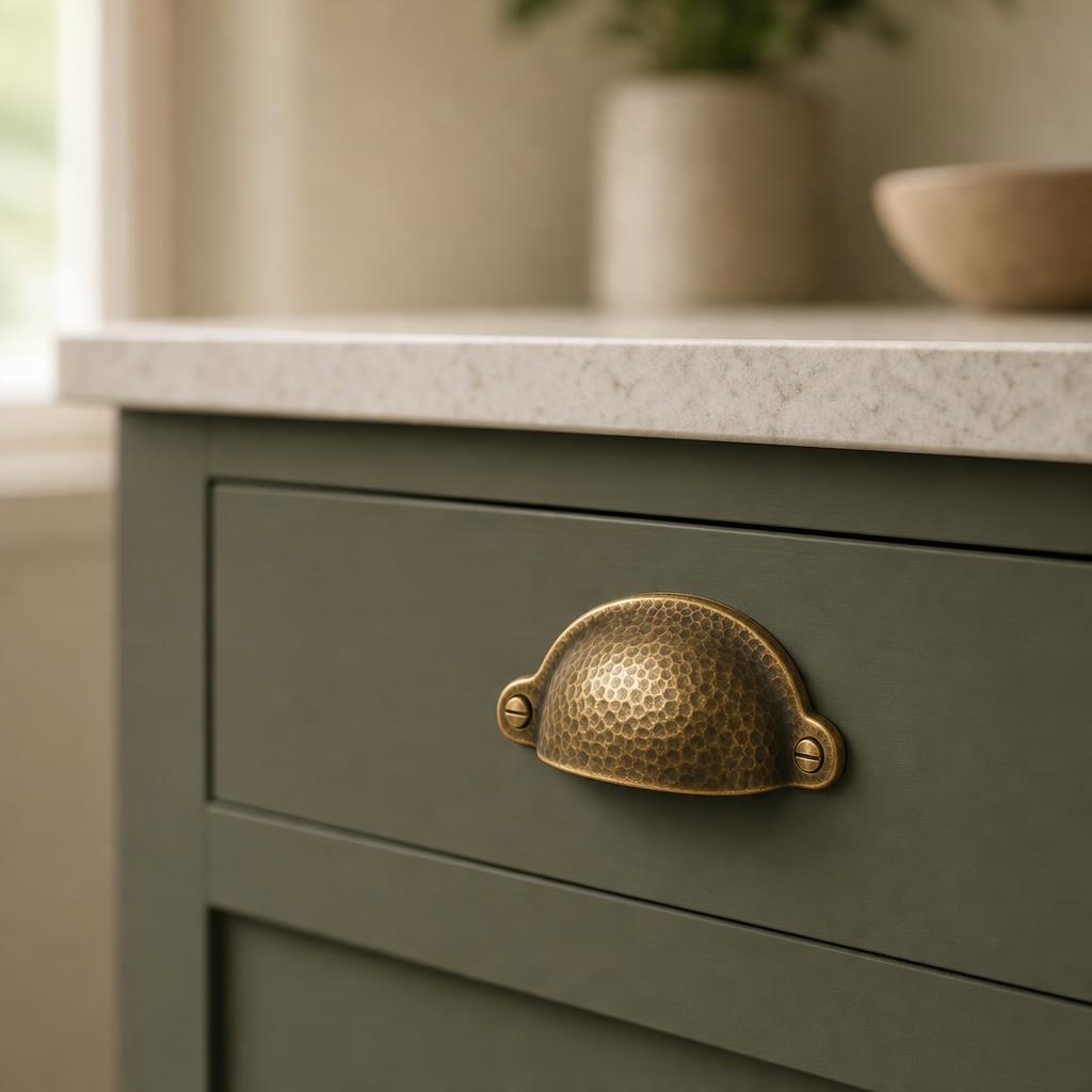 Hammered Solid Brass Cup Pull 76mm — lifestyle view