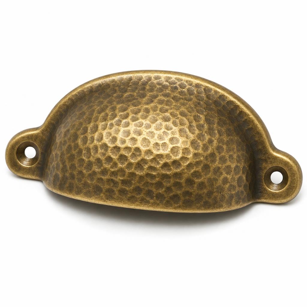 Hammered Solid Brass Cup Pull 76mm — Solid Brass · antique brass tone on solid brass · 9.5 (W) x 2.6 (D) x 3.2 (H)