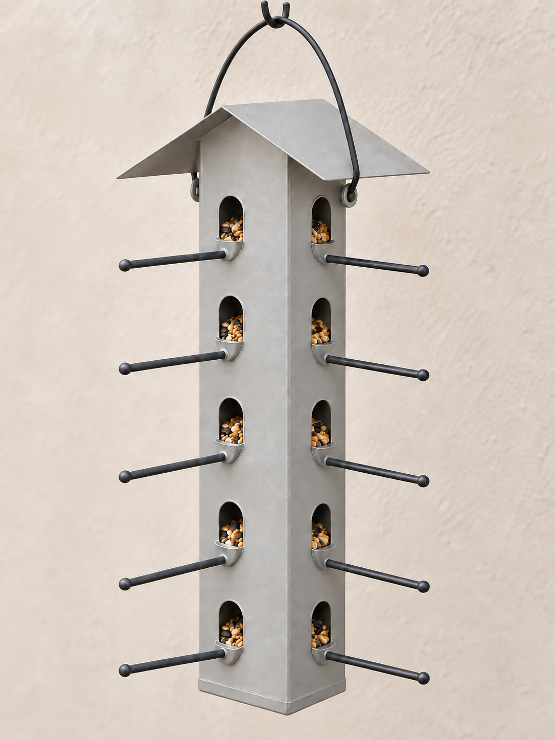 Tall House Bird Feeder — Proposed coated mild steel · Warm chalk grey