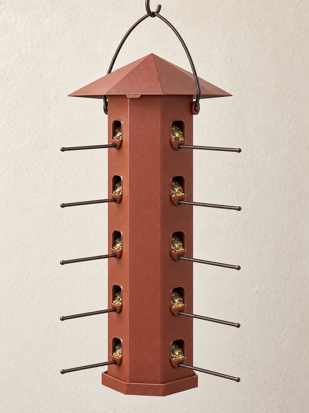 Tall Hex Bird Feeder — Proposed coated mild steel · Muted terracotta