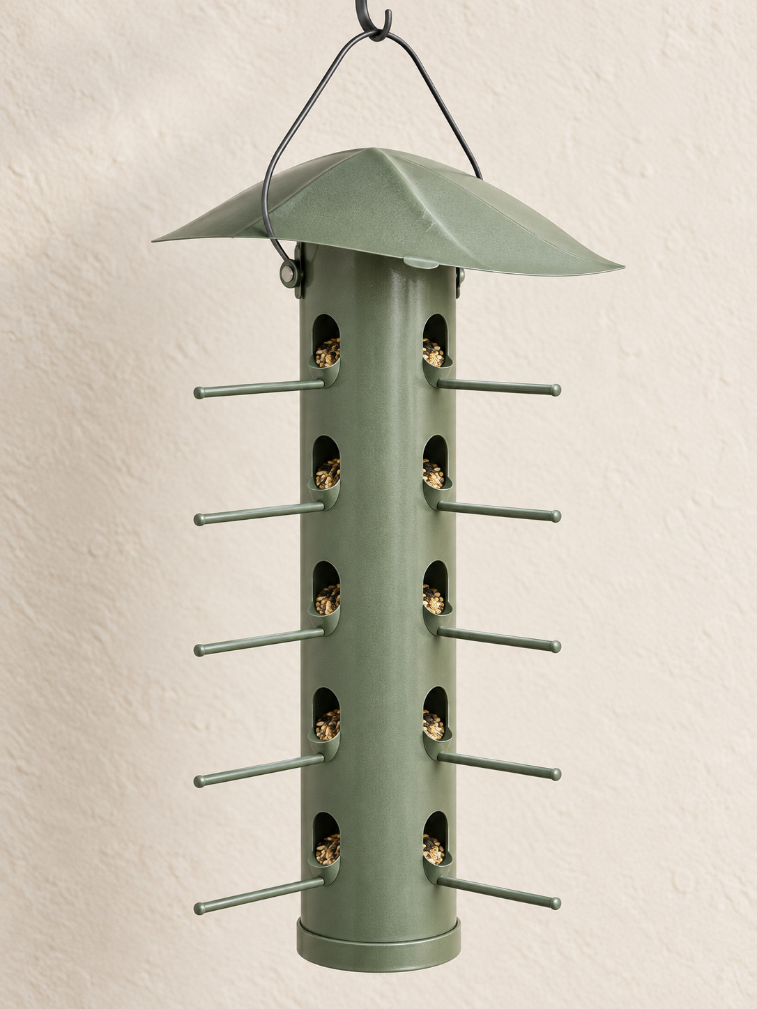 Tall Leaf Bird Feeder — Proposed coated mild steel · Soft sage green