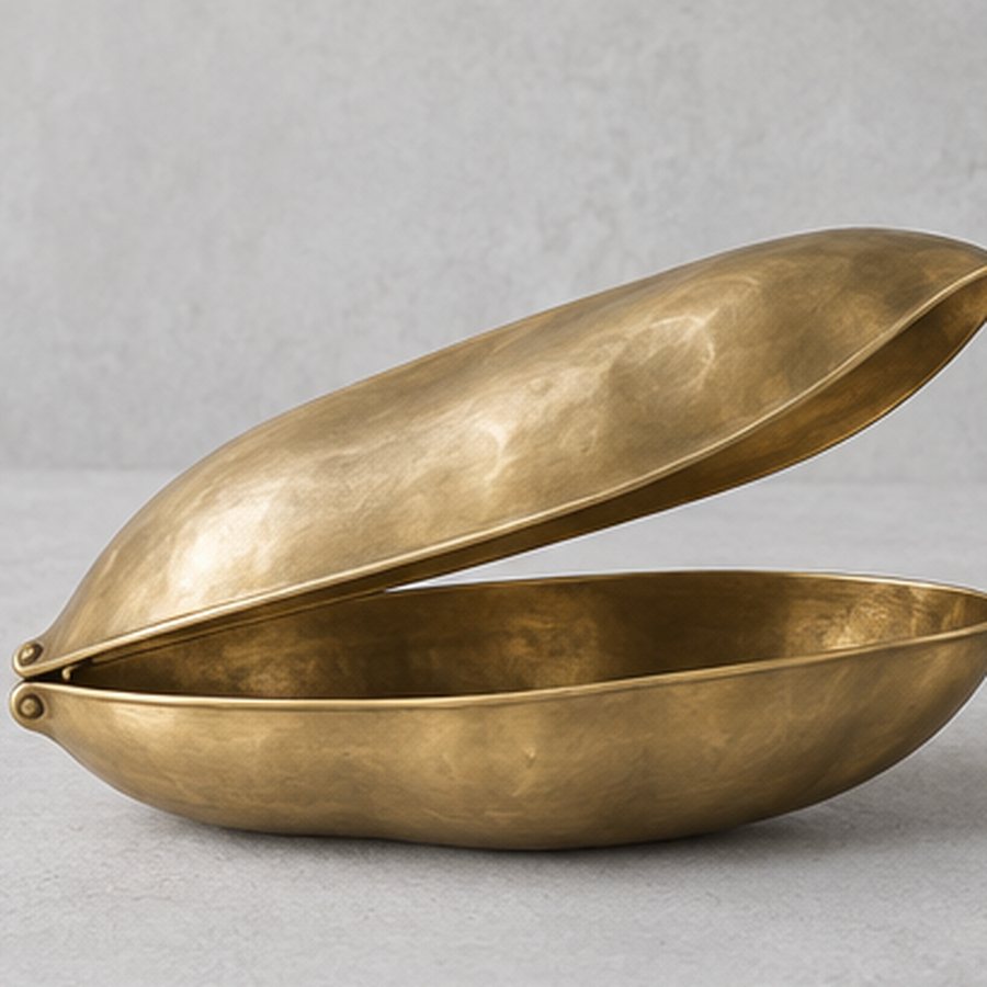 Split-Pod Covered Dish — Brass · natural honey brass · concept render