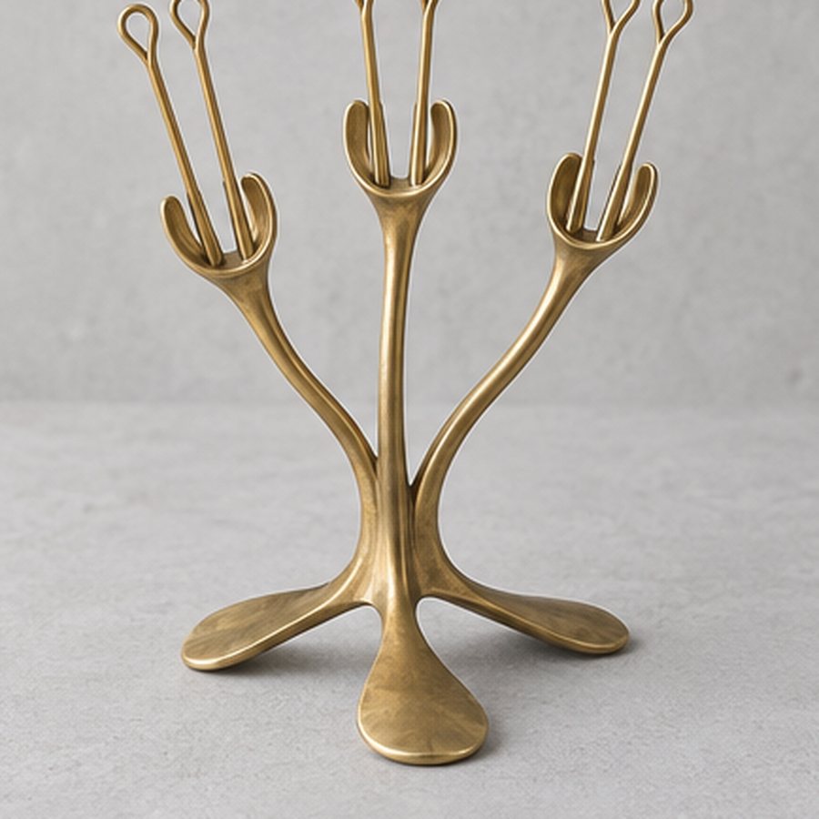 Fork-Stem Cheese Pick Stand — Brass · natural honey brass · concept render