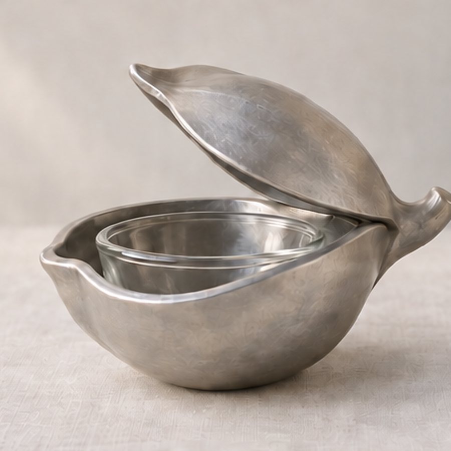 Split Fig Pinch Cellar — Aluminium with small removable clear glass seasoning well · natural silver aluminium · concept render