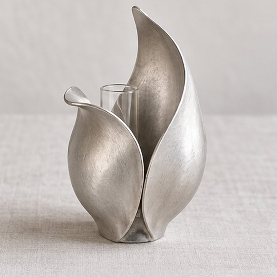 Lean-Fold Bud Vessel — Aluminium with one small removable clear glass water tube · natural silver aluminium · concept render